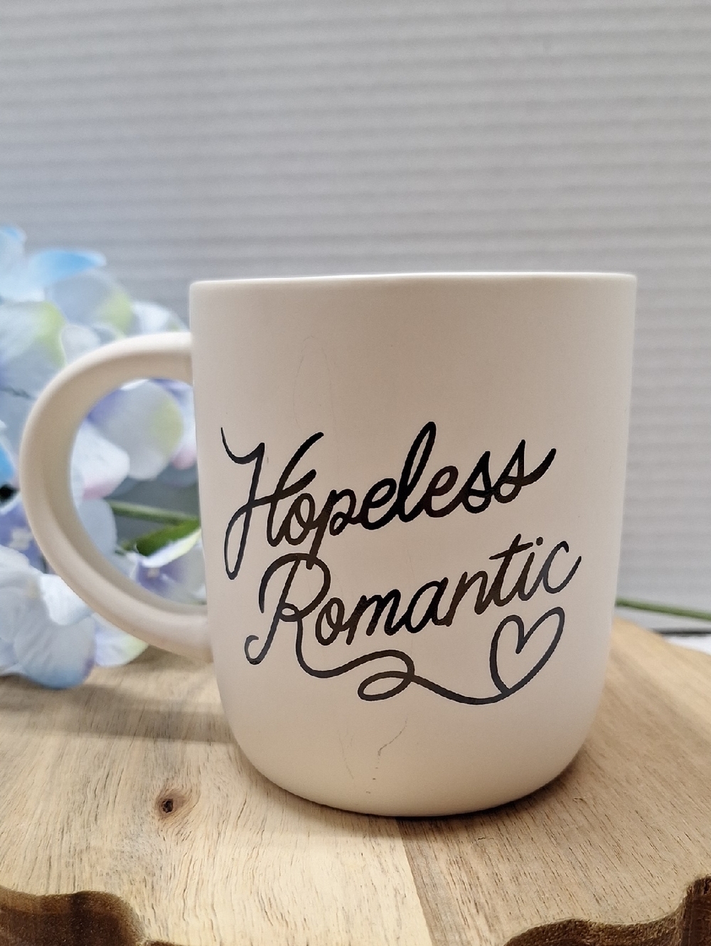 🛍2/$15🛍#ABO Indigo White Ceramic Mug with Black 'Hopeless Romantic' Script